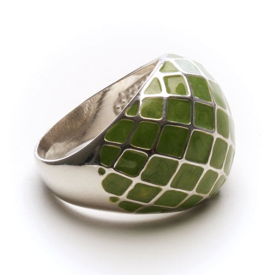 Geometric Dome Ring with Green Enamel Cross Hatch Pattern - Size 5 Jewelry Ring Silver