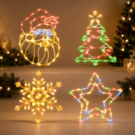 Window Silhouette Light Decorations Santa & Xmas Trees & Snowflake & Five Stars 4 Pack Holiday Indoor Use