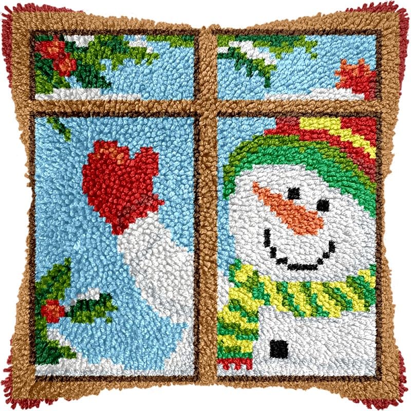 Window Snowman Latch Hook Pillow Kits Pillow Cover with Pattern Printed Canvas Crochet Cross Hooking Pillowcase Cushion Crafts Embroidery Latch Hooking Crochet Kits 17x17 inch(8)