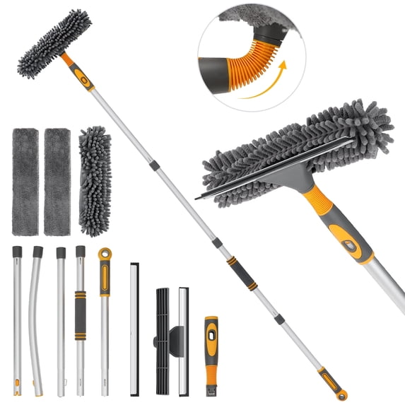 YEERSWAG® 62Inch Extendable Window Squeegee Cleaning Kit, Bendable Elbow Pole Washer with Microfiber,Chenille Pads,2 Size Silicone Blades,Indoor Outdoor High Window Glass Cleaner for Home Car Mirror