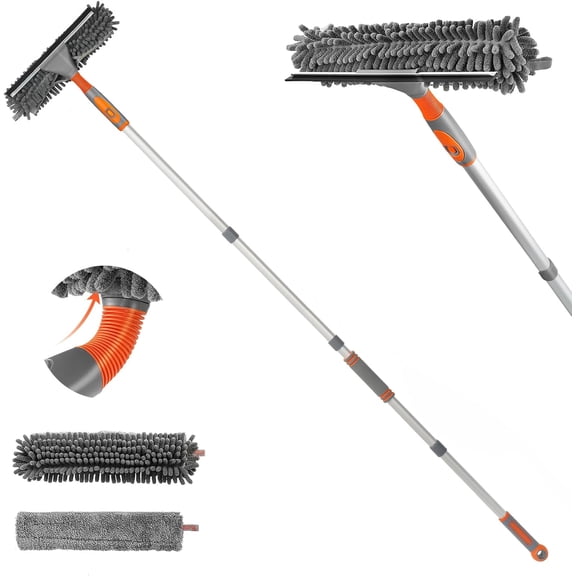 Window Squeegee Cleaner Tool, 2-in-1 Window Cleaning Kit with 62'' Extension Pole, Window Washer Equipment for Cars, Indoor & Outdoor Glass - Includes 2 Microfiber Cloths