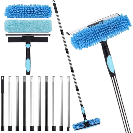 20 Ft+ Reach 2-in-1 Rotatable Window Cleaning Tool Kit with 3-14 Ft Extension Pole, Squeegee & Microfiber Duster with 3 Washable Pads, Streak-Free Window Washer for Indoor Outdoor Glass, Car Windshie