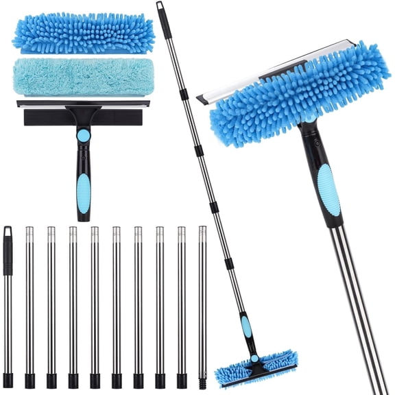 20 Ft+ Reach 2-in-1 Rotatable Window Cleaning Tool Kit with 3-14 Ft Extension Pole, Squeegee & Microfiber Duster with 3 Washable Pads, Streak-Free Window Washer for Indoor Outdoor Glass, Car Windshie
