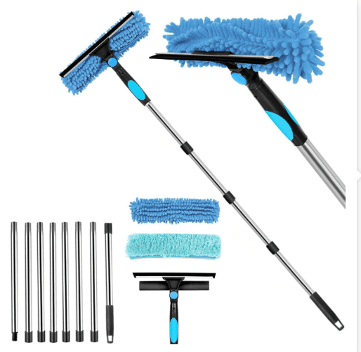 Window Squeegee, Extendable Window Cleaner with Long Handle, 180 Rotating Head, Double-Sided Window Cleaning Equipment, Include 8 Poles, 2 Cloths
