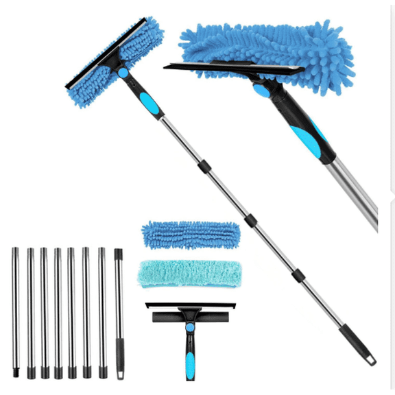 Window Squeegee, Extendable Window Cleaner with Long Handle, 180 Rotating Head, Double-Sided Window Cleaning Equipment, Include 8 Poles, 2 Cloths