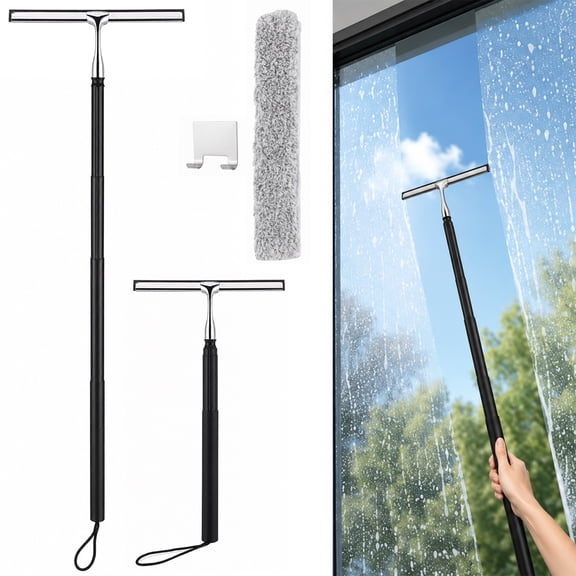 Window Squeegee with Extension Pole, 12.2" Stainless Steel Squeegee for High Windows & Shower Doors, Adjustable 16.9"-59.8", Detachable Head & Non-Slip Handle