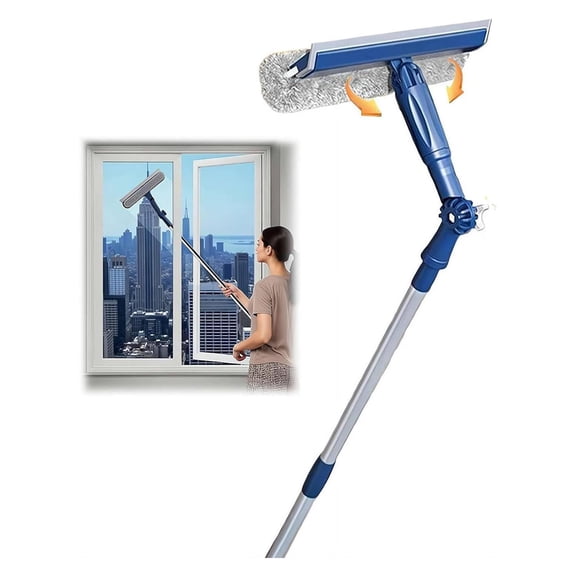 Window Squeegee with Extension Pole, 4 in 1 Telescopic Window Cleaning Tool with Microfiber Pad and Rubber Blade for High Windows, Glass Doors, Shower and Car