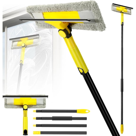 Window Squeegee with Extension Pole for Home, Professional Cleaning Tool Kit Scrubber, 2 in 1 Rotatable Washing Car Glass Shower Indoor & Outdoor High Windows