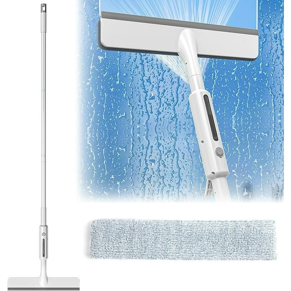 Window Squeegee for Glass Cleaning - Spray Scrape Wipe Window Cleaner Tool with Detachable Assembly Long Handle for Indoor Outdoor Use - Microfiber Pad Glass Mop for Mirror Shower Door Car Windshield