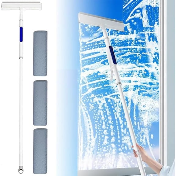 Window Squeegee with Spray Bottle and Long Telescopic Handle, Double Sided Window Cleaning Tool with Microfiber Mop and Replaceable Pads for High Windows, Glass Doors, Shower and Car