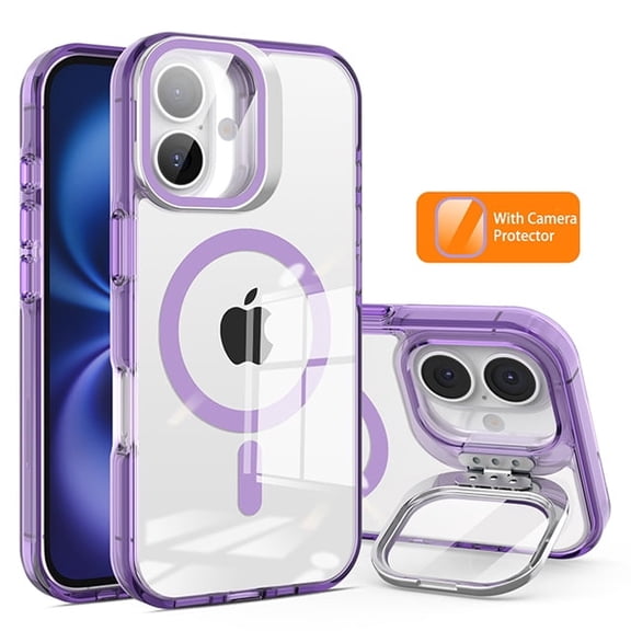 Window Stand Translucent-Border Clear Magnetic PC & TPU Case for iPhone 17 with Tempered Glass Screen Protector - Purple