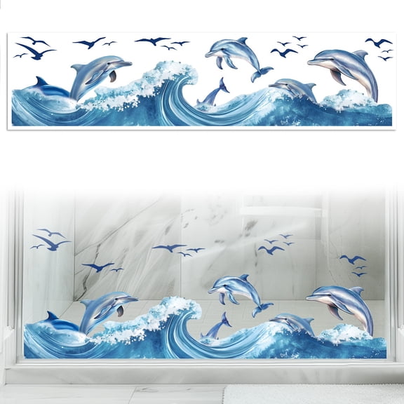 Window Static Cling Decal Double-Sided for Large Glass Car Windows 1 Sheet Waves and Dolphins 47.2"x11.8" Waterproof Removable Window Decal