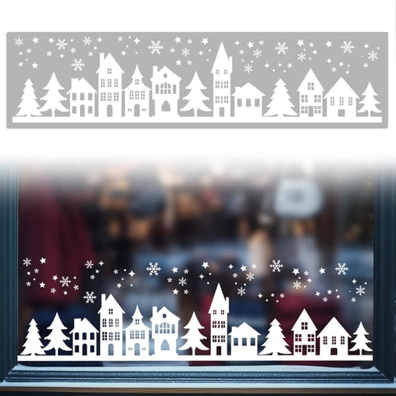 Window Static Cling Decal Sticker Double-Sided for Large Glass 1 Sheet House and Winter Snowflakes 47.2"x11.8" Waterproof Removable Window Decal for Home Office Classroom Decoration