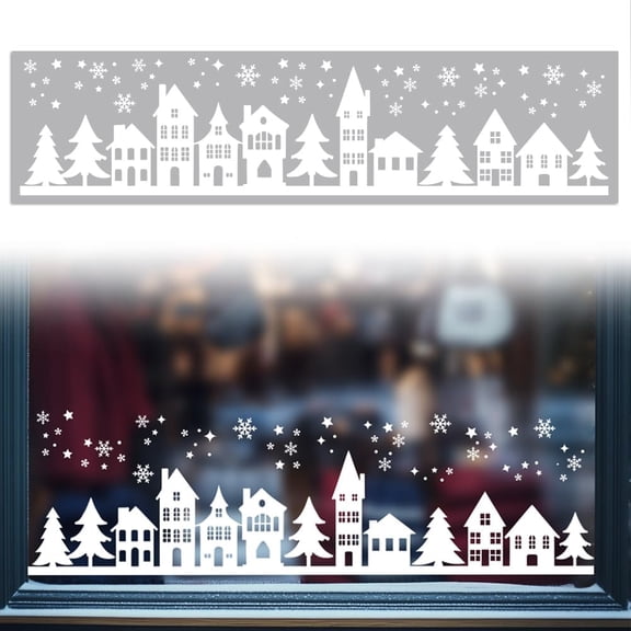 Window Static Cling Decal Sticker Double-Sided for Large Glass 1 Sheet House and Winter Snowflakes 47.2"x11.8" Waterproof Removable Window Decal for Home Office Classroom Decoration