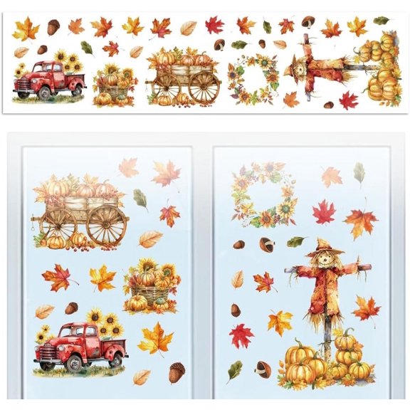 Window Static Cling Decal Sticker Double-Sided for Large Glass Car Windows 1 Sheet Autumn Elements 47.2"x11.8" Waterproof Removable Window Decal for Home Office Classroom Decoration