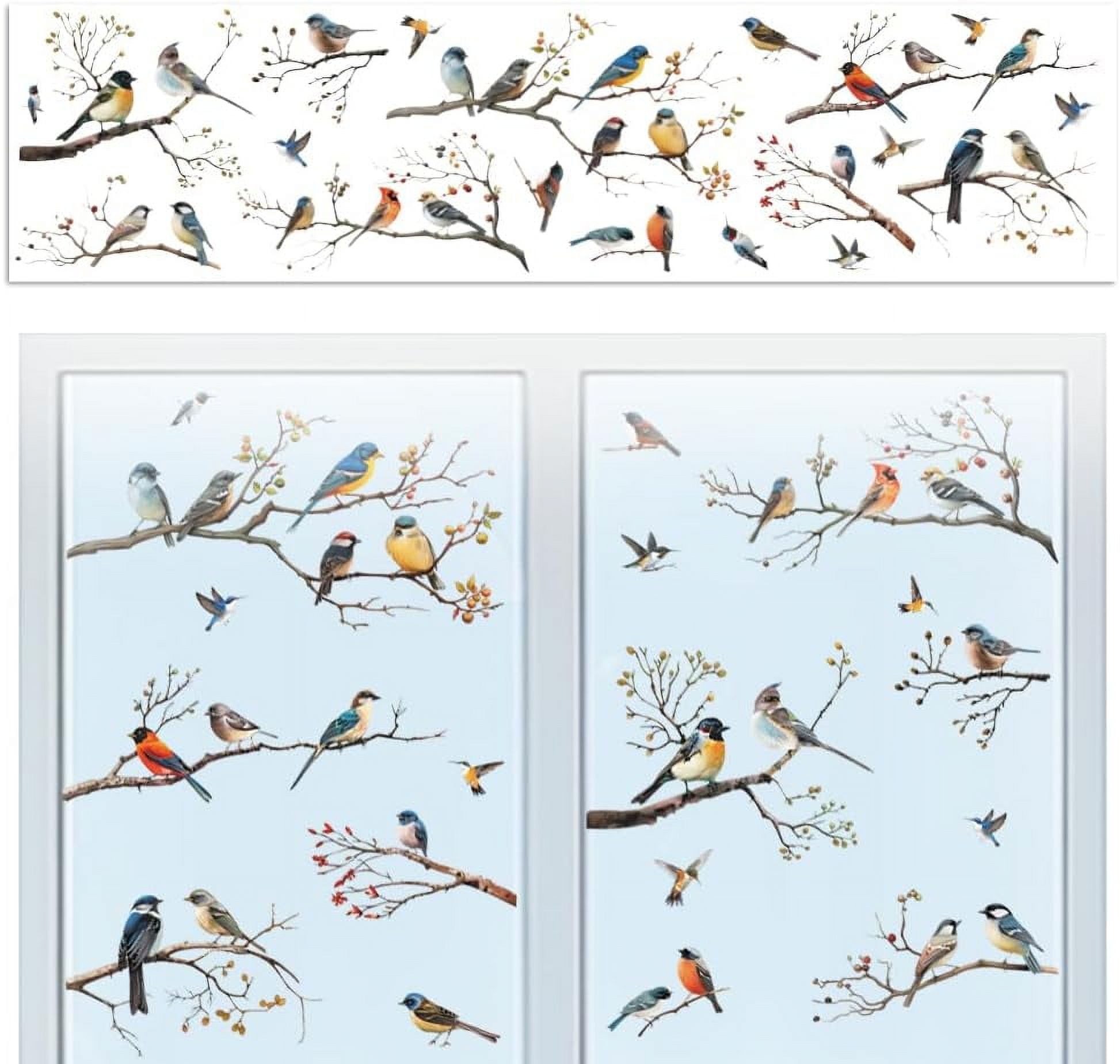 Window Static Cling Decal Sticker Double-Sided for Large Glass Car Windows 1 Sheet Branches with Birds 47.2"x11.8" Waterproof Removable Window Decal for Home Office Classroom Decoration