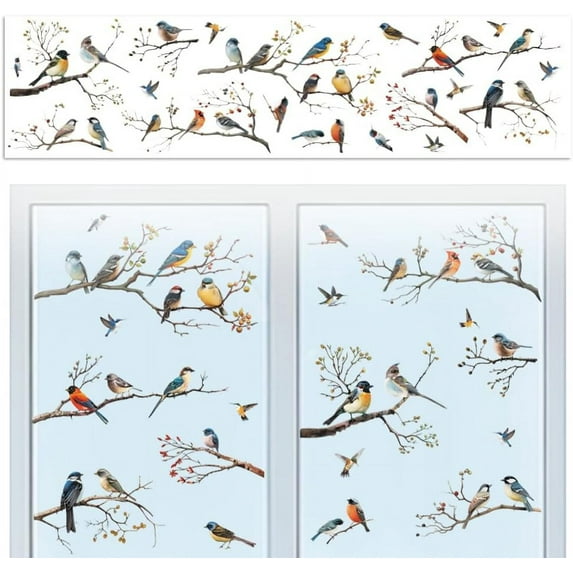 Window Static Cling Decal Sticker Double-Sided for Large Glass Car Windows 1 Sheet Branches with Birds 47.2"x11.8" Waterproof Removable Window Decal for Home Office Classroom Decoration