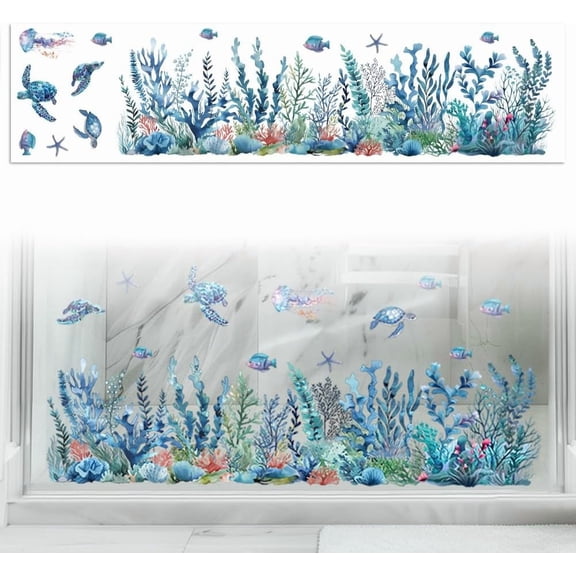 Window Static Cling Decal Sticker Double-Sided for Large Glass Car Windows 1 Sheet Coral and Fish 47.2"x11.8" Waterproof Removable Window Decal for Home Office Classroom Decoration Black