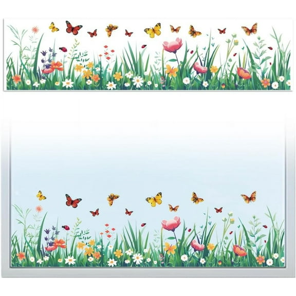 Window Static Cling Decal Sticker Double-Sided for Large Glass Car Windows 1 Sheet Flower and Butterfly 47.2"x11.8" Waterproof Removable Window Decal for Home Office Classroom Decoration Colorful