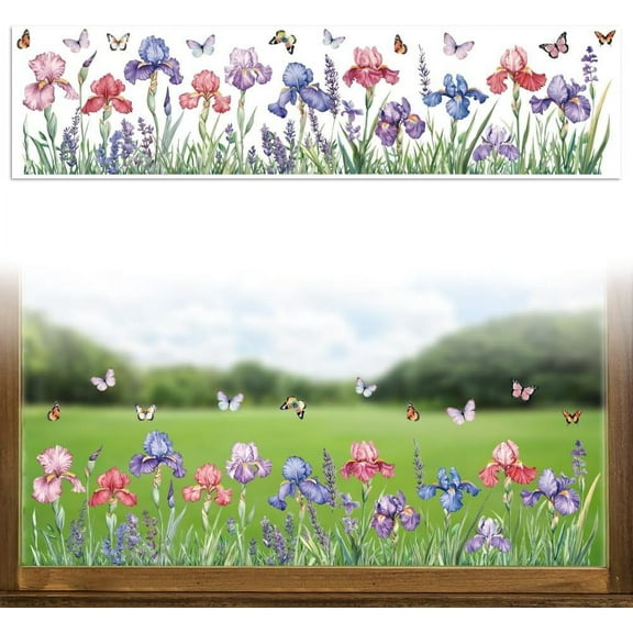 Window Static Cling Decal Sticker Double-Sided for Large Glass Car Windows 1 Sheet Iris and Butterflies 47.2"x11.8" Waterproof Removable Window Decal for Home Office Classroom Decoration