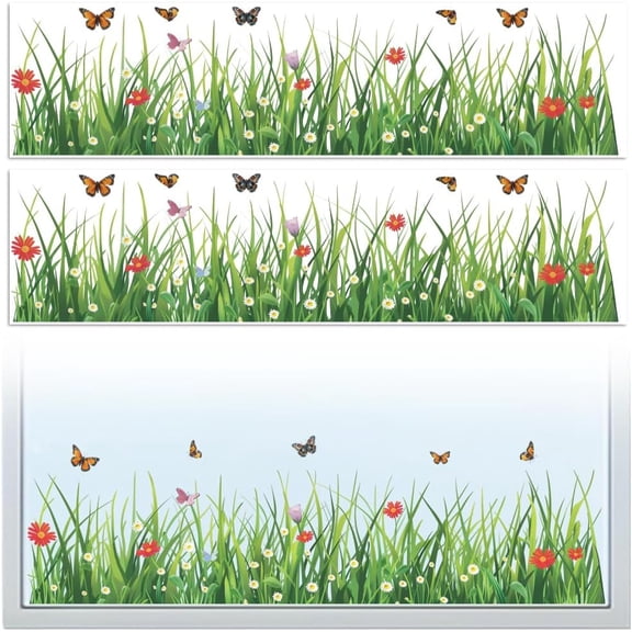 Window Static Cling Decal Sticker Double-Sided for Large Glass Car Windows 2 Sheet Grass and Butterfly 47.2"x11.8" Waterproof Removable Window Decal for Home Office Classroom Decoration