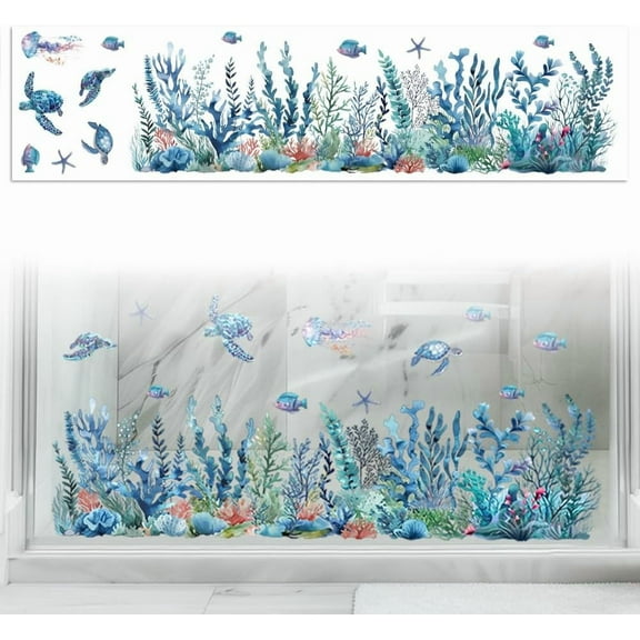 Window Static Cling Decal Sticker Double-Sided for Large Glass Window 1 Sheet Coral and Fish 47.2"x11.8" Waterproof Removable Window Decal for Home Office Classroom Decoration