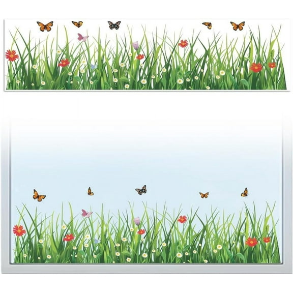 Window Static Cling Decal Sticker Double-Sided for Large Glass Window 1 Sheet Grass and Butterfly 47.2"x11.8" Waterproof Removable Window Decal for Home Office Classroom Decoration