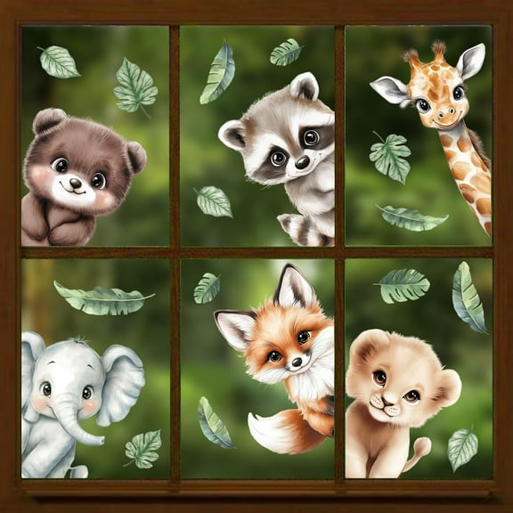 Window Static Clings Stickers Decal 7.9"x11.8" 6 Sheets with 21PCS Jungle Animal Patterns Decorative Removable Window Sticker Cling Film Home Office Decor for DIY
