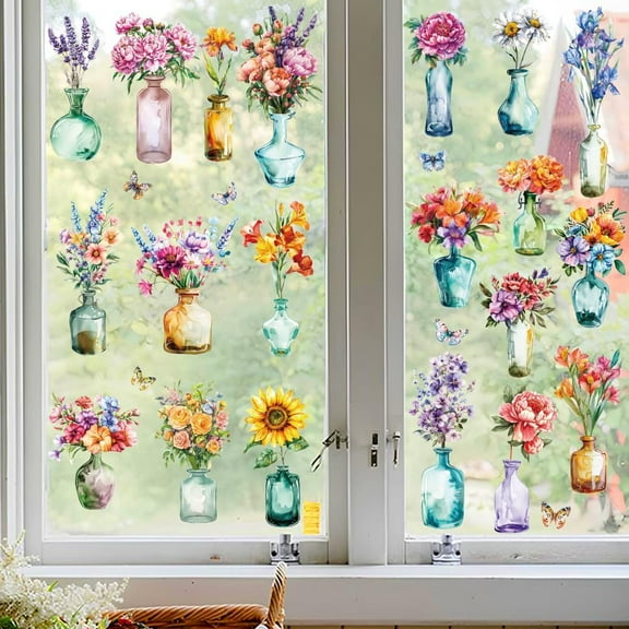 Window Static Clings Stickers Decal 7.9"x11.8" 6 Sheets with 46PCS Vase and Flowers Patterns Decorative Removable Window Sticker Cling Home Office Decor