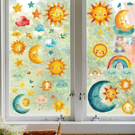 Window Static Clings Stickers Decal 7.9"x11.8" 6 Sheets with 51PCS Sun and Planets Patterns Decorative Removable Window Sticker Cling Home Office Decor