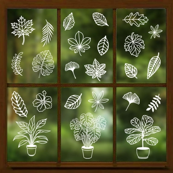 Window Static Clings Stickers Decal 7.9"x11.8"9 Sheets with 33PCS Line Art White Leaves Patterns Decorative Removable Spring Window Sticker Cling Home Office Decor for Glass Window Mirror Colorful