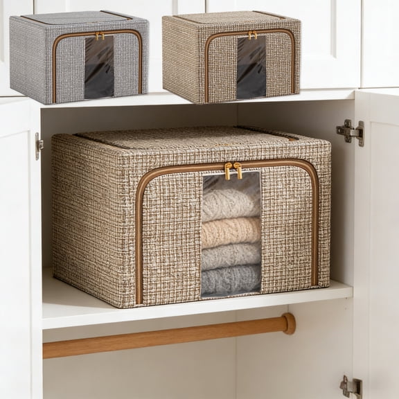 Window Storage Box 1-Pack | Transparent Front, Stackable Oxford Fabric Storage Organizer, Foldable Clothes Basket, Gray Coffee, 15.8x11.8x7.9in, Steel Frame, Large Capacity
