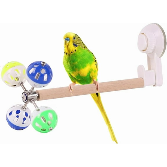 Window Suction Cup Bird Perch Toy for Parakeet, Movable Parrot Stand with Rotating Balls Bells for Window Mirror Glass Mount, Spinning Perch Toy