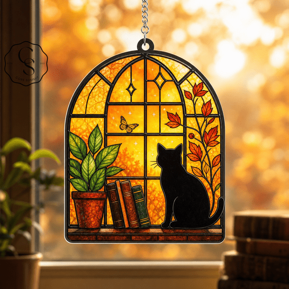 Window Suncatcher Autumn Black Cat Acrylic Window Hanging for Halloween Decor