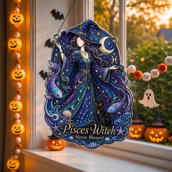 Window Suncatcher Pisces Witch Acrylic Hanging Ornament for Celestial Halloween Decor