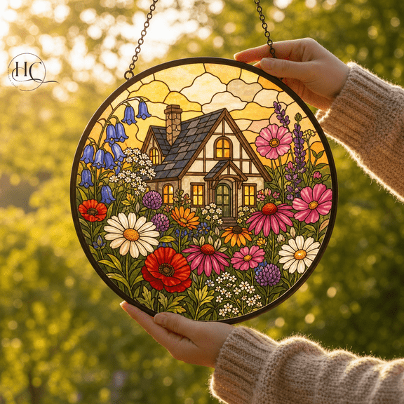 Window Suncatcher Wildflower Butterfly Stained Glass Window Hanging for Housewarming Gift