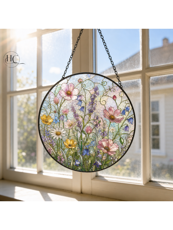 Window Suncatcher Wildflower Floral Stained Glass Window Hanging for Mom or Grandma