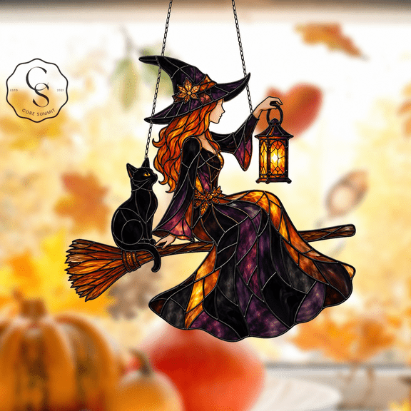 Window Suncatcher Witch With Lantern and Black Cat Acrylic Window Hanging for Halloween Decor