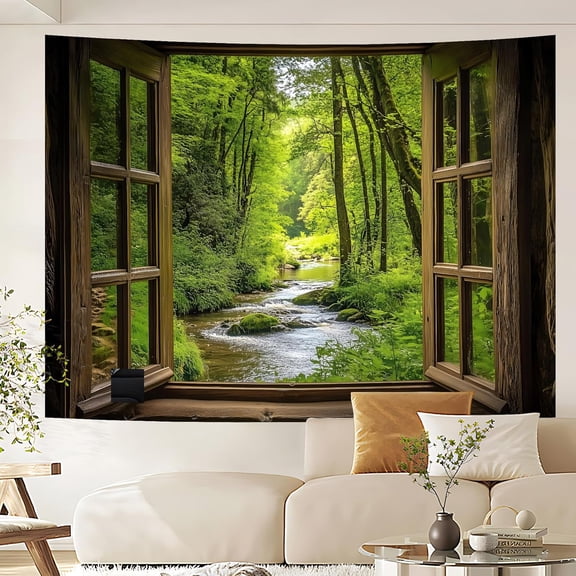 Window Tapestry, Outdoor Forest Tapestry Wall Hanging Natural Landscape Wall Mural for Bedroom Living Room Wall Art Home Decor 79x59 in