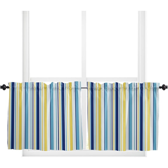 Window Tier Curtains 36 Inches Long Set of 2 Panels, Blue Yellow Striped Half Windows Rod Pocket Kitchen Curtains Farmhouse Navy Blue Ombre Stripes Small Kitchen Drapes for Bathroom Cafe 54x36
