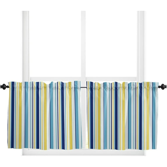 Window Tier Curtains 36 Inches Long Set of 2 Panels, Blue Yellow Striped Half Windows Rod Pocket Kitchen Curtains Farmhouse Navy Blue Ombre Stripes Small Kitchen Drapes for Bathroom Cafe 54x36