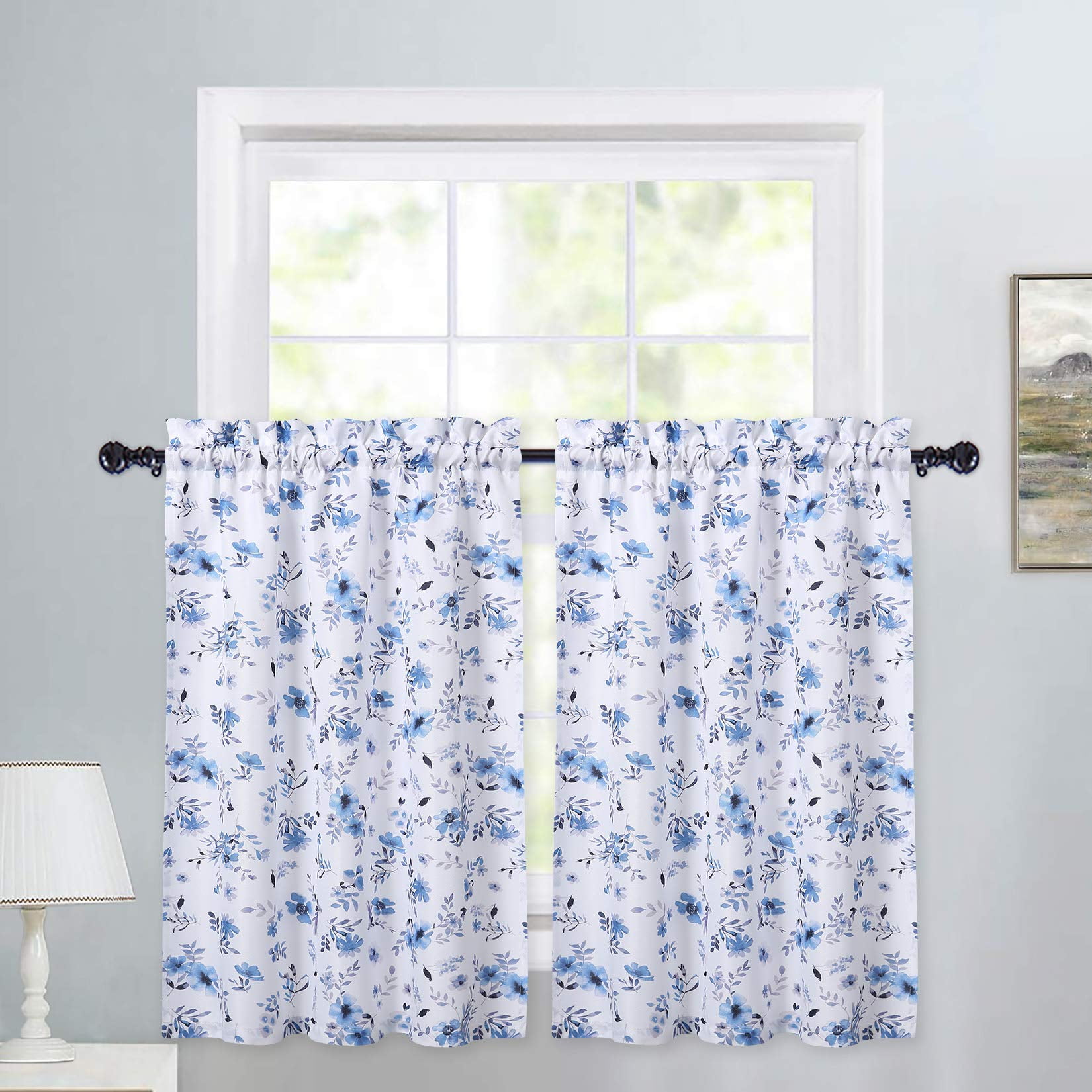 Window Tier Curtains, Flower Brocade Printed Kitchen Curtain Tier Pair