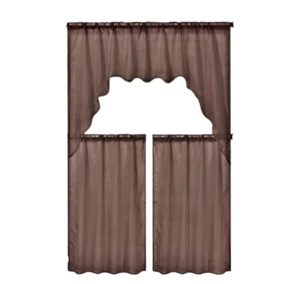 Gorgeous Home Linen Short Window Treatment Kitchen Curtain Voile Sheer Rod Pocket Light filtering 2 Tier panels and Matching Swag Valance Brown Color 3pc Set