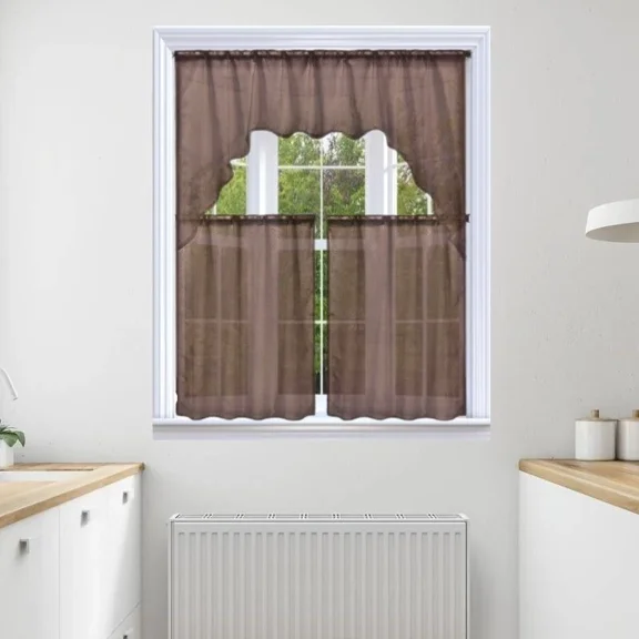 Gorgeous Home Linen 3pc Set Short Kitchen Window Curtain Voile Sheer Rod Pocket 2 Tier panels and Matching Swag Valance Brown Coffee Color