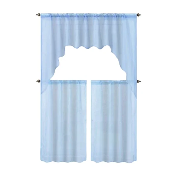 Gorgeous Home Linen Short Window Treatment Kitchen Curtain Voile Sheer Rod Pocket Light filtering 2 Tier panels and Matching Swag Valance Light Blue Color 3pc Set