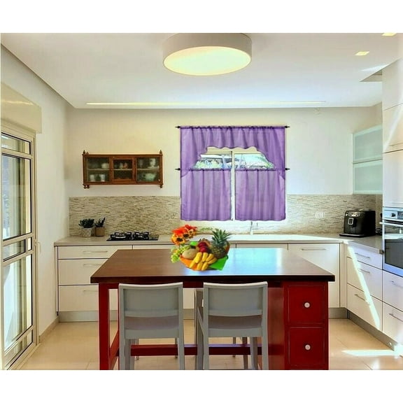 Window Treatment Kitchen Curtain 3 pieces Lilac Color Luxury Sheer Voile Rod Pocket Light filtering 2 Tier panels and Matching Swag Valance for Kitchen Bathroom Décor k66