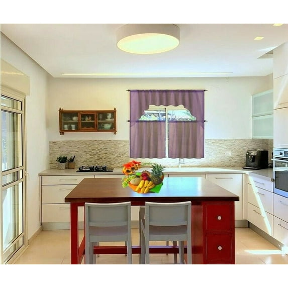 Window Treatment Kitchen Curtain 3 pieces Purple Color Luxury Sheer Voile Rod Pocket Light filtering 2 Tier panels and Matching Swag Valance for Kitchen Bathroom Décor k66