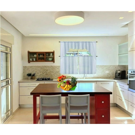 Window Treatment Kitchen Curtain 3 pieces White Color Luxury Sheer Voile Rod Pocket Light filtering 2 Tier panels and Matching Swag Valance for Kitchen Bathroom Décor k66