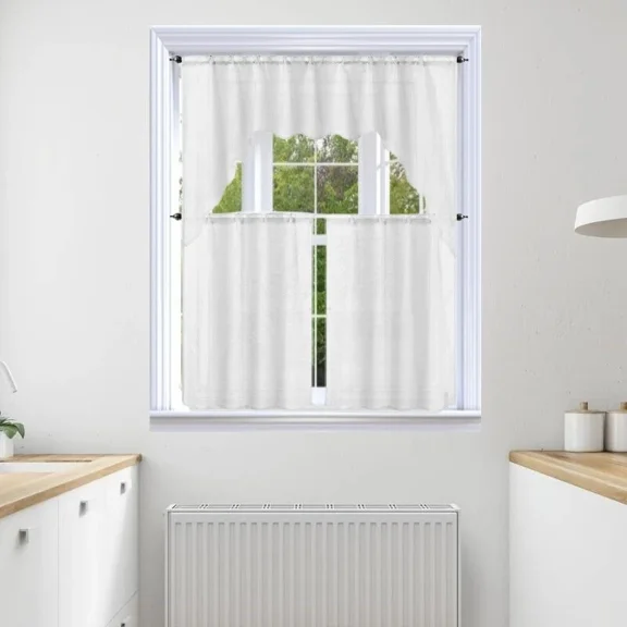 Gorgeous Home Linen 3pc Set Short Kitchen Window Curtain Voile Sheer Rod Pocket 2 Tier panels and Matching Swag Valance White Color