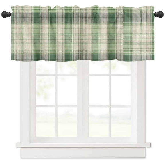 Window Treatment Valance Curtain, Grey Green Beige Plaid Buffalo Spring Shade Short Curtain for Kitchen Bathroom Living Room Bedroom Privacy Rod Pocket Drapes 54" W x 18" L 1 Panel